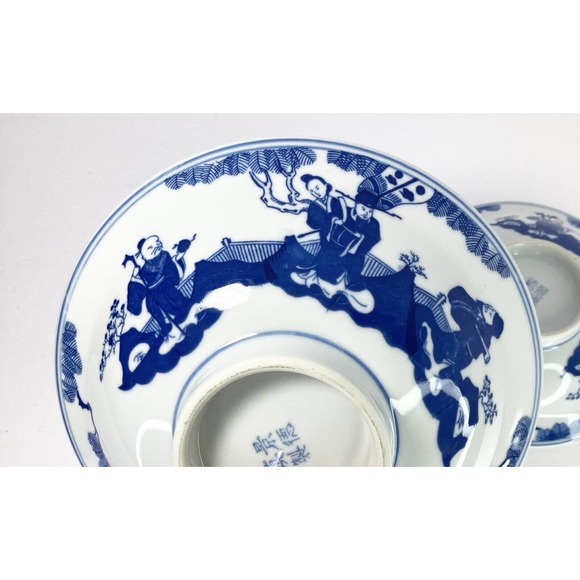 2 Footed Blue/White Lotus Porcelain Chinese Bowls, Jingdezhen c1970-80s, 7” & 9” - Picture 4 of 5